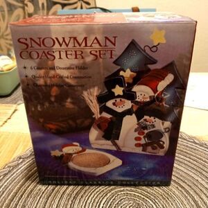 Snowman Holiday Coasters-NEW-Open Box- Wooden & Cork Coaster Set
